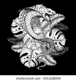 Cobra snake and palm leaves hand drawn illustration. Tattoo vintage print. Hand drawn print. Tattoo design. Sketch illustration. Tropical print.