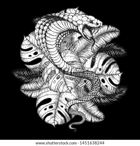 Cobra snake and palm leaves hand drawn illustration. Tattoo vintage print. Hand drawn print. Tattoo design. Sketch illustration. Tropical print. Stock photo © 