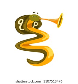 Cobra snake playing pipe, cartoon animal character with musical instrument vector Illustration on a white background