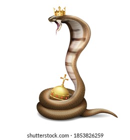 Cobra snake realistic composition with image of hissing snake wearing crown with orb on blank background vector illustration