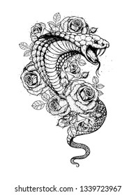 Cobra snake and roses flowers hand drawn illustration. Tattoo vintage print. Hand drawn floral print. Tattoo  sketch design.