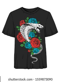 Cobra snake and roses flowers hand drawn illustration. Tattoo vintage print. Hand drawn floral print. Tattoo design.