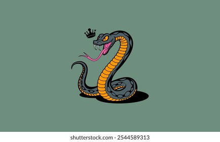 Vector de serpiente cobra con corona, colmillos y lengua extendida.