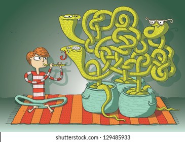 Cobra Snakes Maze Game hand drawn illustration for children. Task: which vessel belongs to hypnotic snake? Answer: on the right! Illustration is in eps10 vector mode!