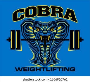 cobra weightlifting team design with mascot holding barbell in it's mouth for school, college or league