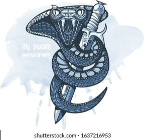 Cobra wrapped around a sword and ready to attack. Tattoo design.