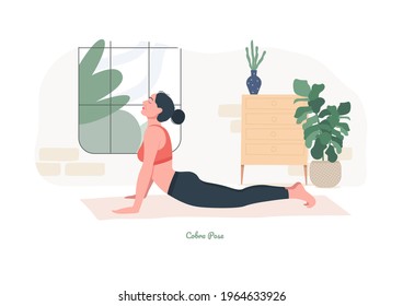  Cobra Yoga pose. Joven practicando yoga. Las mujeres entrenan en gimnasia, aeróbic y ejercicios. Ilustración vectorial.