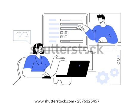 Co-browsing abstract concept vector illustration. Opinion poll worker making phone interview and sharing screen with respondent, social science, remote citizens survey abstract metaphor.