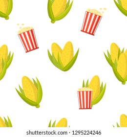 cobs of sweet yellow corn and full buckets of popcorn , seamless vector background
