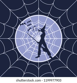 Cobweb background. Spiderweb for Halloween design. Spider web elements, spooky, scary, horror halloween decor. Standing witch silhouette
