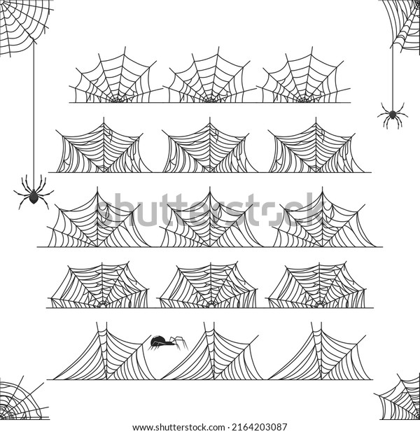 Cobweb border. Cartoon black scary web with\
spiders. Isolated halloween decorative spiderweb, net dividers.\
Spooky party decent vector\
elements