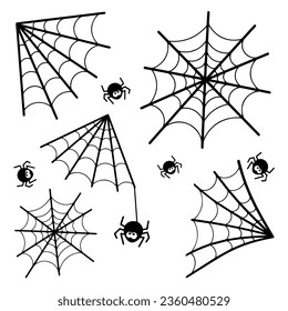 Cobweb collection, Halloween spider web set, Hand drawn spider web or cobweb with hanging spider.