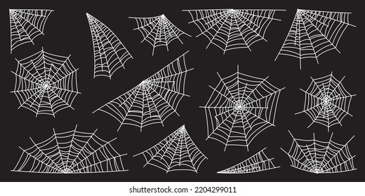 Cobweb collection isolated on black background. Line art, sketch style spider web elements, spooky, scary image. Gossamer. Spiderweb outline sign. Black and white vector illustration.