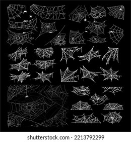 Cobweb collection, isolated on a black and transparent background. Spiderweb for Halloween design. Spider web element, spooky, scary, horror halloween decoration.vector illustration