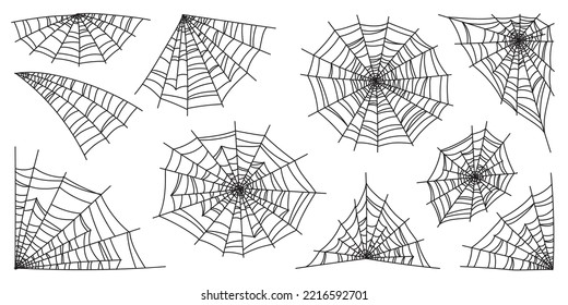 Cobweb collection isolated on black background. Line art, sketch style spider web elements, spooky, scary image. Gossamer. Spiderweb outline sign. Black and white vector illustration.