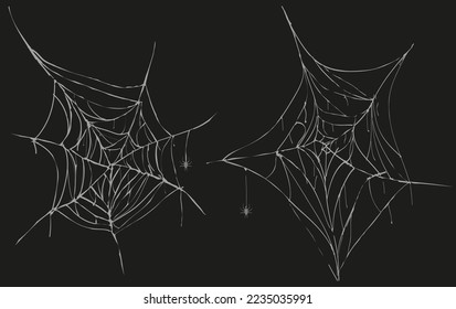 Cobweb collection isolated on black. Spider web for Halloween design. Spider web elements, spooky, scary, horror halloween decor. Hand drawn silhouette, vector illustration