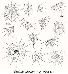 Cobweb collection, isolated  on white background. Halloween spiderweb set, cute spider. Hand drawn cobweb icons for Halloween decoration. Line art, sketch style spider web elements,spooky, scary image