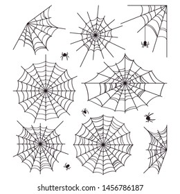 Cobweb collection isolated on white background. Scenery for Halloween. Silhouettes of spiders. Vector illustration.