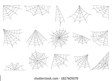 Colección Cobweb aislada en fondo blanco. Arte de línea, elementos de tela de araña estilo boceto, imagen espeluznante y aterradora. Gossamer. Signo de esquema de Spiderweb. Ilustración vectorial en blanco y negro.