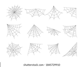 Cobweb collection isolated on white background. Line art, sketch style spider web elements, spooky, scary image. Gossamer. Spiderweb outline sign. Black and white vector illustration.