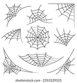 Cobweb collection isolated on white background. Line art. Gossamer. Spiderweb outline sign. Black and white vector illustration.