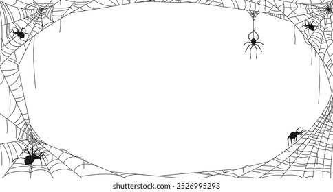 Cobweb frame. Spider braided house. Insects weaving traps. Halloween border design. Web lines. Scary decorations. Arachnids hanging in corners. Creepy spiderwebs. Vector