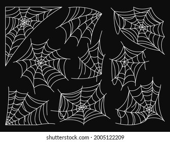 Cobweb Halloween Decoration White Set. Doodle Scary Web Dangerous Venom Flat Collection. Hanging Web Ornament For Creepy Horror Frame, Design Or Tattoo. Scenery Happy Halloween Vector