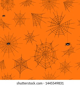 Cobweb Halloween pattern. Spider web on orange background. Line style cobweb icons, cute spiders. Halloween decoration backdrop. Hand drawn cartoon style many types cobweb elements. Holiday texture.