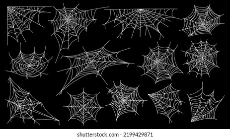 Cobweb. Halloween spider web horror gothic silhouettes for decoration, spooky net with tangled hanging insects. Vector isolated collection. Scary hanging trap for holiday frame isolated on black - Shutterstock ID 2199429871