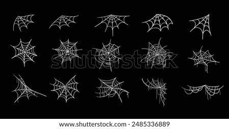 Cobweb. Halloween spider web horror gothic silhouettes for decoration, spooky net with tangled hanging insects. Vector isolated collection. Scary hanging trap for holiday frame isolated on black