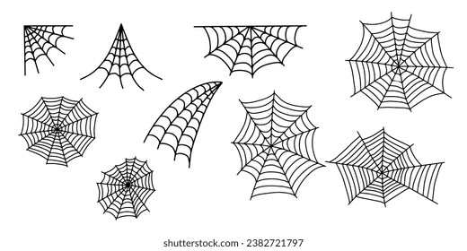 Cobweb. Halloween spider web. Vector isolated collection. Scary hanging trap for holiday frame isolated on black