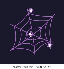 Icono de telaraña con arañas de estilo ingenuo. Ilustración haloween en tonos morados. Icono. Clipart. Elemento aislado.	 