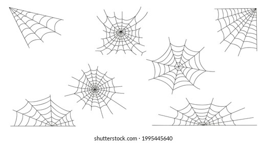 Cobweb icons set isolated on white background. Spider web textures, elements for Halloween party decoration. Vector outline illustration