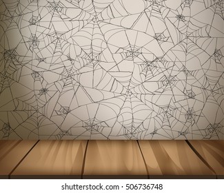 Cobweb on the wall with blank wooden floor.Concept design for celebrate in Halloween party in vector illustration