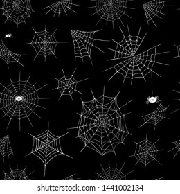 Cobweb pattern. Hand drawn line art sketch style spiderweb icons. White cobweb on black background. Halloween texture, dark backdrop. spider web elements,spooky, scary, fear Halloween decor image.