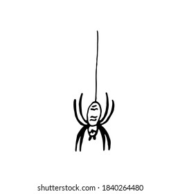 Cobweb, pendant spiders. Big spider. Halloween. Hand drawing. Elements for decoration. Vector. 