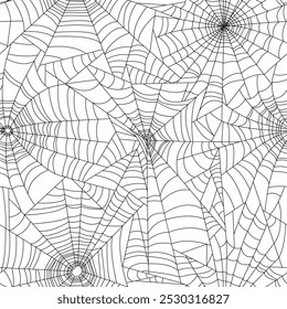 Cobweb seamless pattern. Halloween simple theme. Spooky holiday. Repeated print. Arachnids net. Insects trap. Black curved lines. Tangled spiderwebs. October gossamer