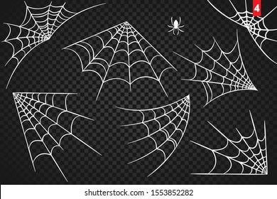 Cobweb set for Halloween design, isolated on black background. Vector illustration