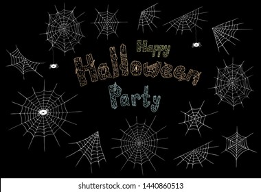 Cobweb set isolated on black background. Halloween cobweb collection, design text, party invitation template. Hand drawn line style spiderweb icons, Halloween decor pack. Many types cobweb,cute spider