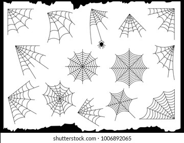 Cobweb set isolated on grunge vintage white background. Halloween spider elements. Vector illustration for spider design