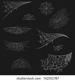 Cobweb set on black background. Spiderweb for Halloween design. Cobweb vector isolated