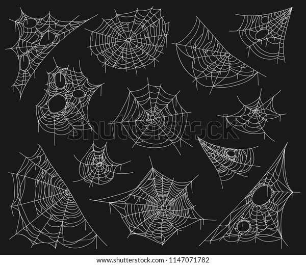 Cobweb set on black. Tangled\
three-dimensional spider white web for catching insects in spooky\
darkness. Vector flat style cartoon\
illustration