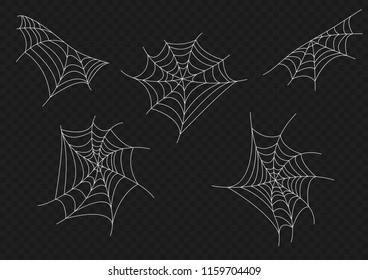 Cobweb set on transparent background. Spider Halloween celebration decoration web silhouette. Spiderweb for Halloween design. Vector. Illustration.
