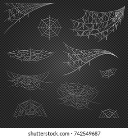 Cobweb set on transparent background. Spiderweb for Halloween design. Cobweb vector isolated