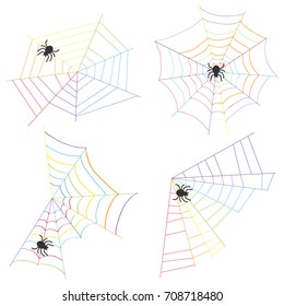 A cobweb with a spider, a cobweb in the colors of the rainbow. Flat design, vector illustration, vector.