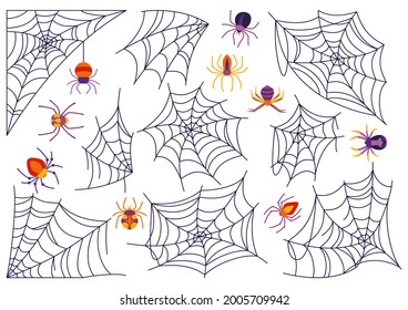 Cobweb and spider Halloween cartoon set. Spooky scary spiders web dangerous color flat collection. Hanging web decoration for creepy horror frame, design, tattoo. Happy Halloween sign confusion vector