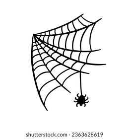 Cobweb and spider hand drawn line art style vector illustration. Isolated on white background.