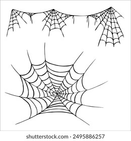 Cobweb, spider network. Isolated unit element vector. Doodle, black outline graphics. Halloween..