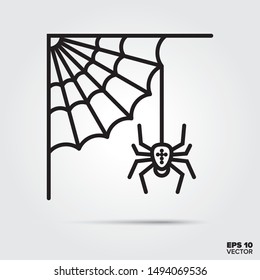 Cobweb and spider outline style icon. Fall season and halloween celebration symbol. Spooky cartoon vector illustration.