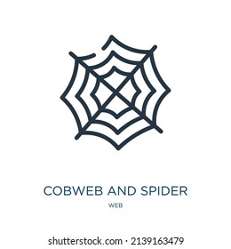 cobweb and spider thin line icon. insect, halloween linear icons from web concept isolated outline sign. Vector illustration symbol element for web design and apps.